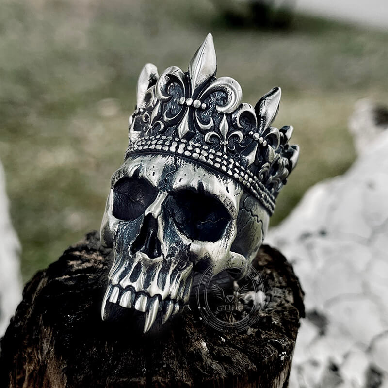 Bague tête de mort en argent sterling avec couronne de roi squelette