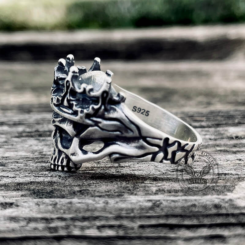 Bague tête de mort en argent sterling roi squelette avec couronne