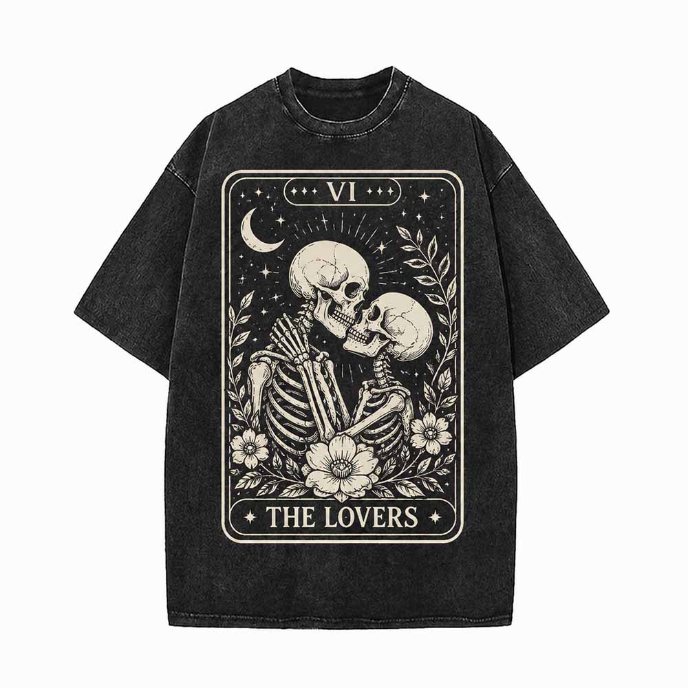 Skeleton Lovers Tarot Card Vintage Washed T-shirt | Gthic.com