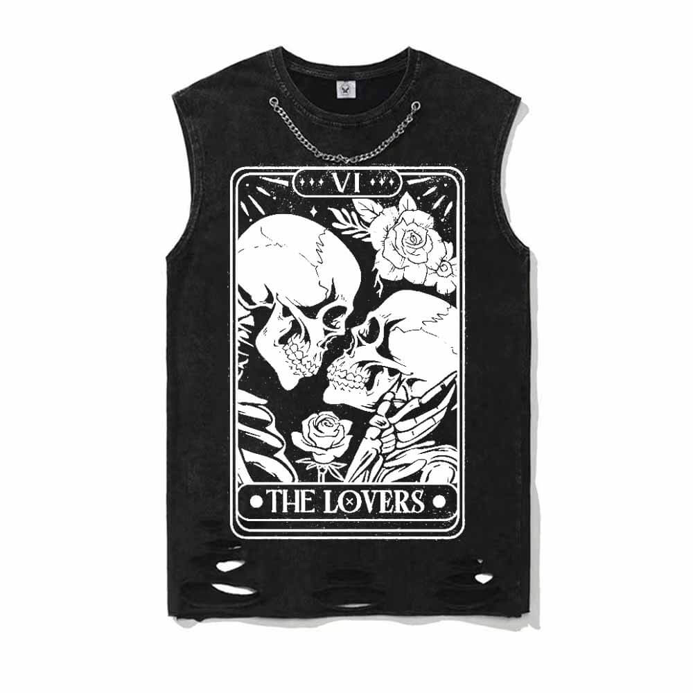 Skeleton Lovers Tarot Card Vintage Washed T-shirt Vest Top | Gthic.com