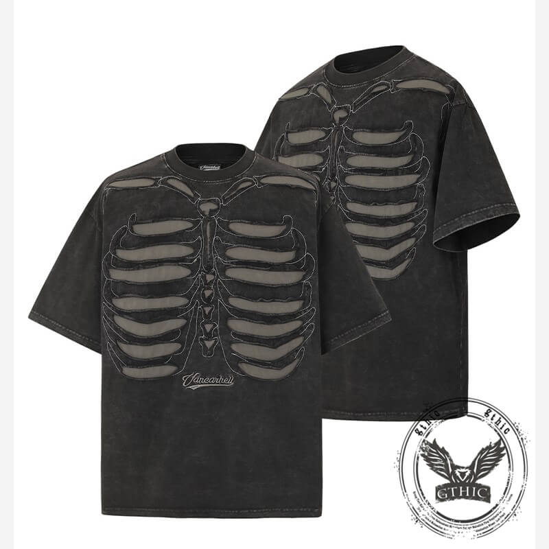 Skeleton Pattern Vintage Washed Cotton T-Shirt | Gthic.com