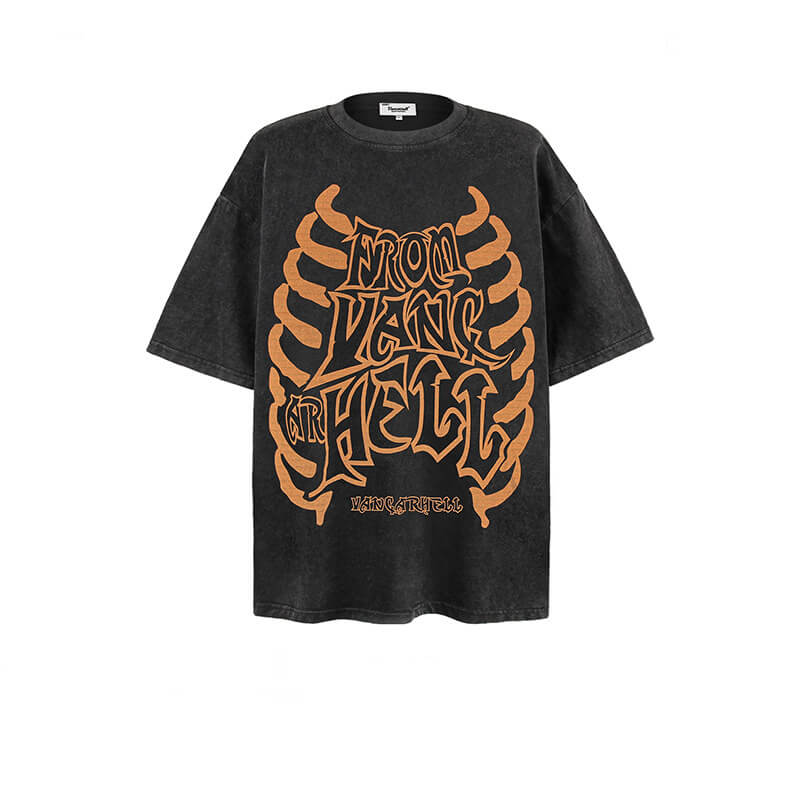 Skeleton Pattern Vintage Washed Cotton T-Shirt