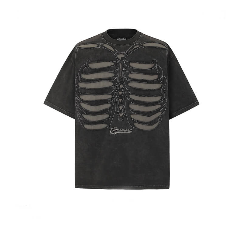 Skeleton Pattern Vintage Washed Cotton T-Shirt