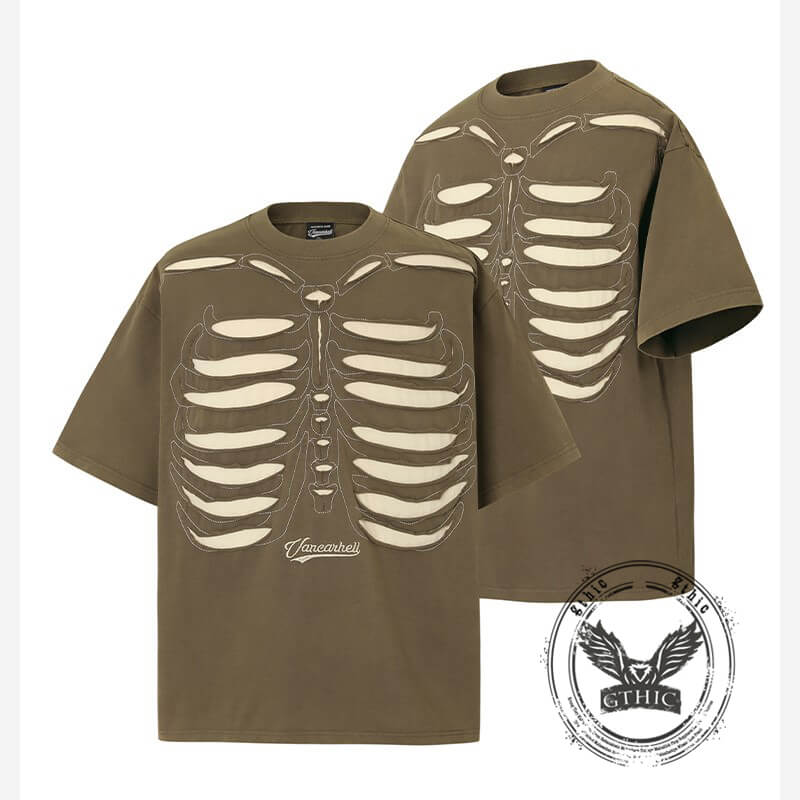 Skeleton Pattern Vintage Washed Cotton T-Shirt | Gthic.com