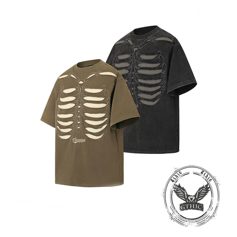 Skeleton Pattern Vintage Washed Cotton T-Shirt | Gthic.com