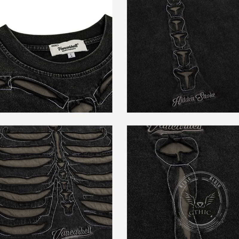 Skeleton Pattern Vintage Washed Cotton T-Shirt
