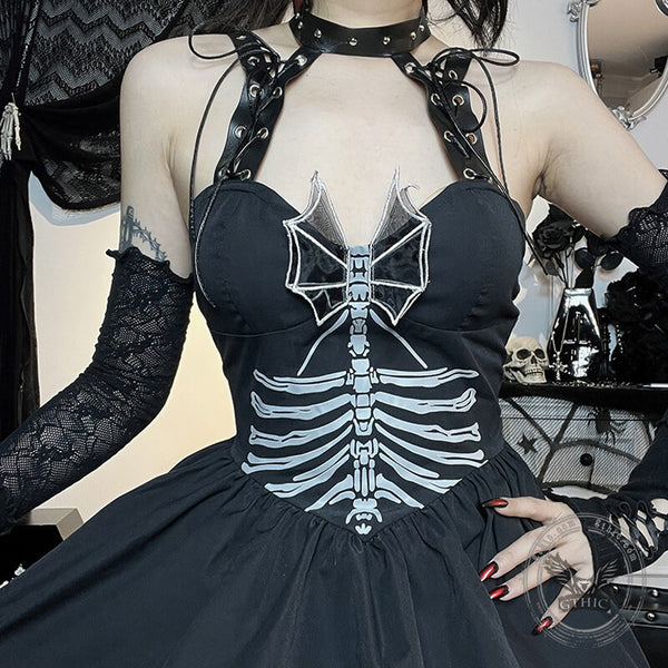Skeleton Print A Line Halter Neck Dress | Gthic.com