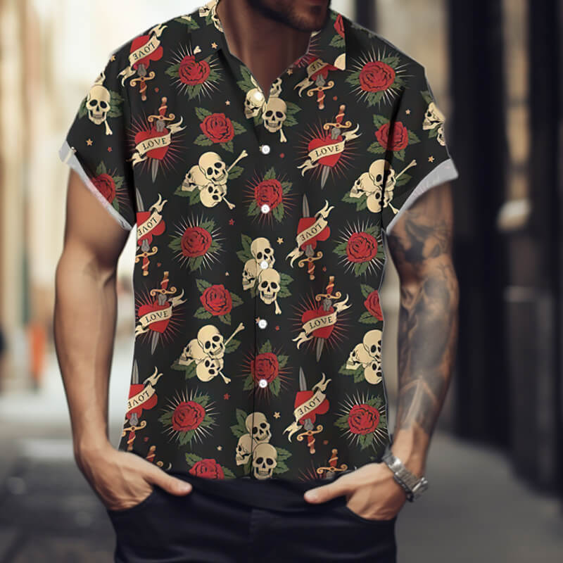 Skull And Roses Polyester Hawaiian Shirt | Gthic.com
