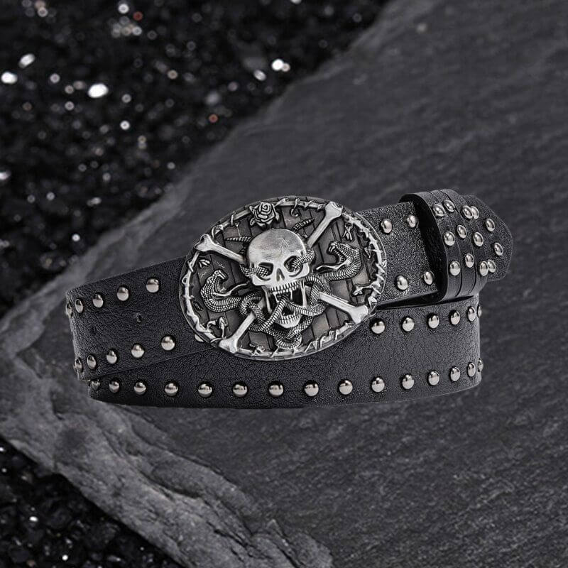 Skull And Snake Buckle Gothic Rivet PU Leather Belt | Gthic.com