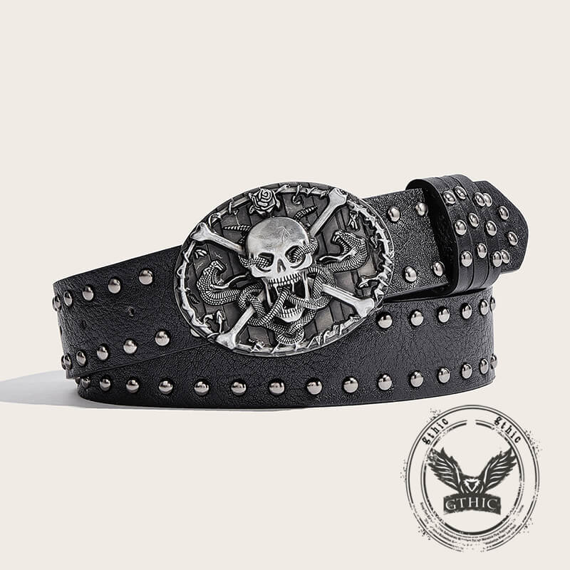 Skull And Snake Buckle Gothic Rivet PU Leather Belt | Gthic.com