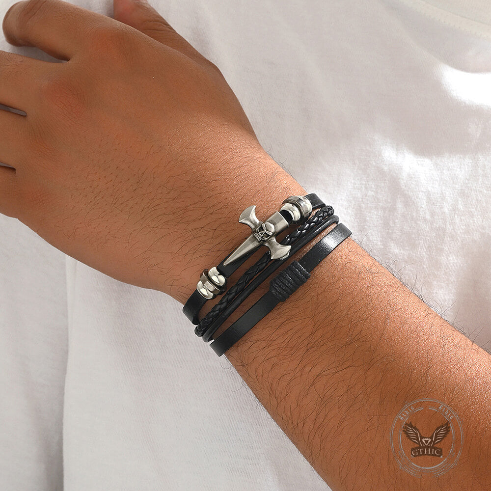 Skull Cross PU Leather Braided Biker Alloy Bracelet | Gthic.com