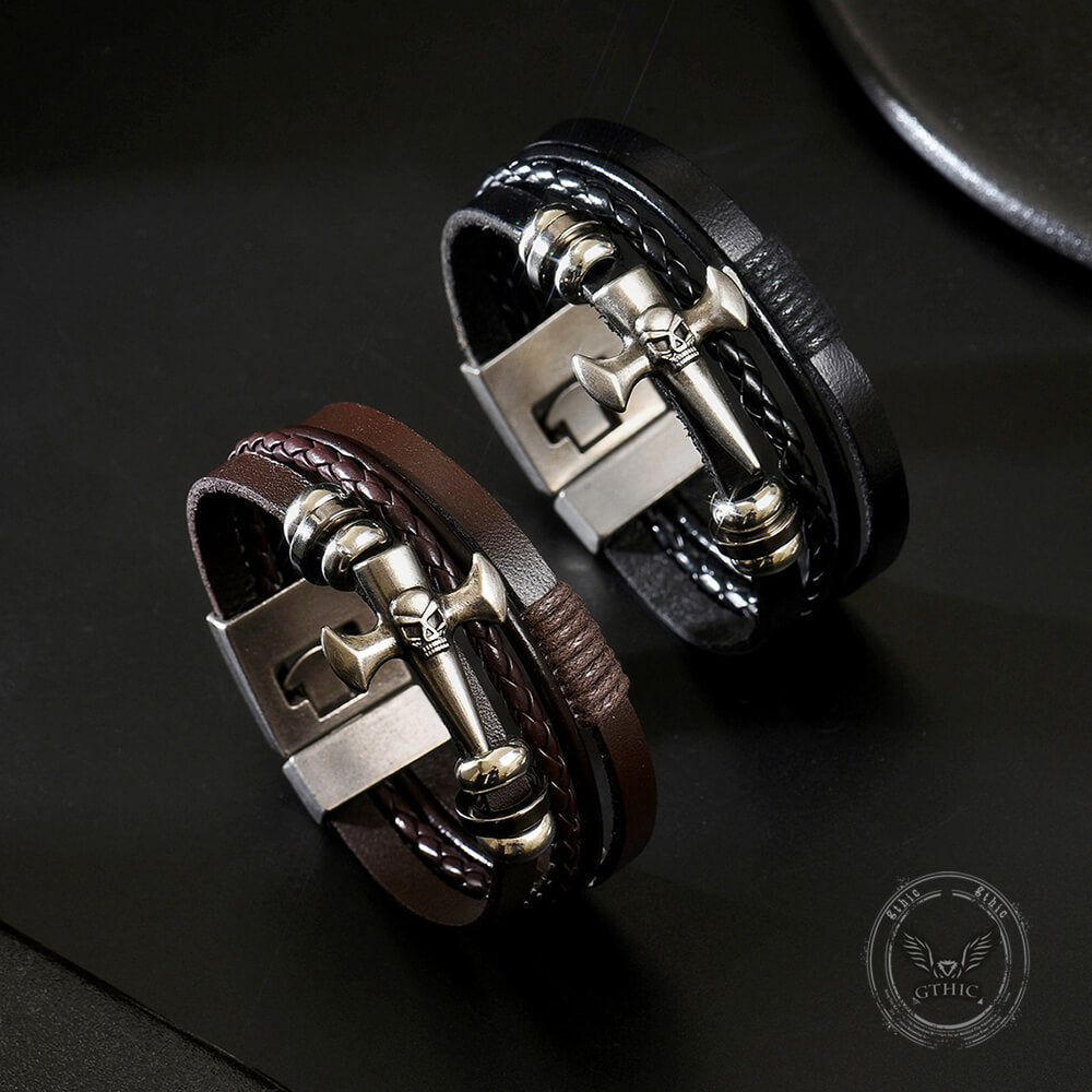 Skull Cross PU Leather Braided Biker Alloy Bracelet | Gthic.com