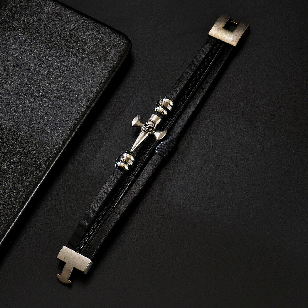 Skull Cross PU Leather Braided Biker Alloy Bracelet | Gthic.com