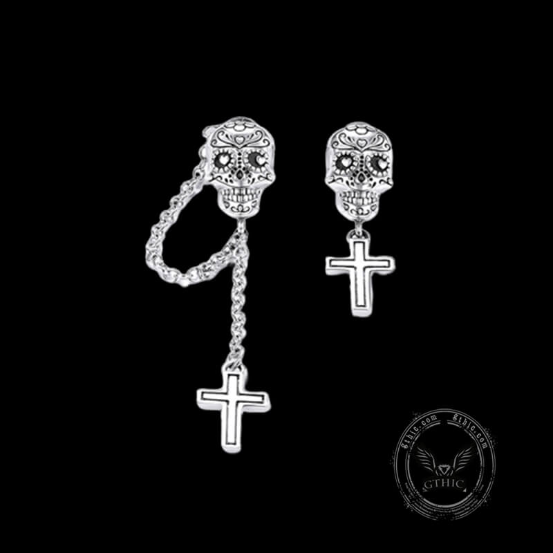 Skull Cross Sterling Silver Asymmetric Stud Earrings | Gthic.com