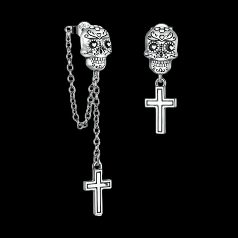 Skull Cross Sterling Silver Asymmetric Stud Earrings | Gthic.com