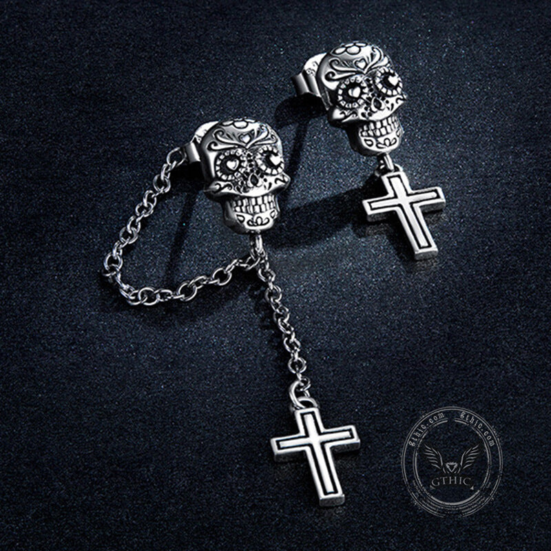 Skull Cross Sterling Silver Asymmetric Stud Earrings | Gthic.com