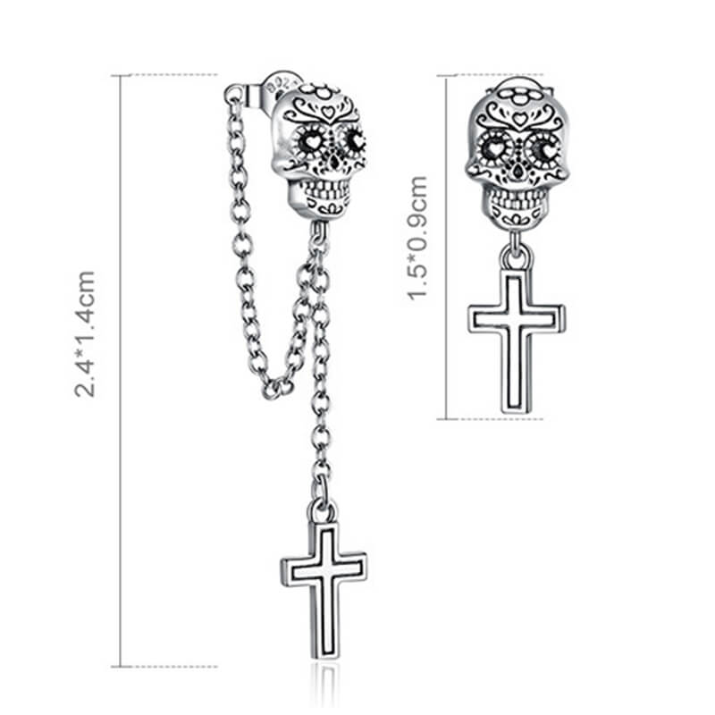 Pendientes asimétricos de plata de ley con cruz de calavera