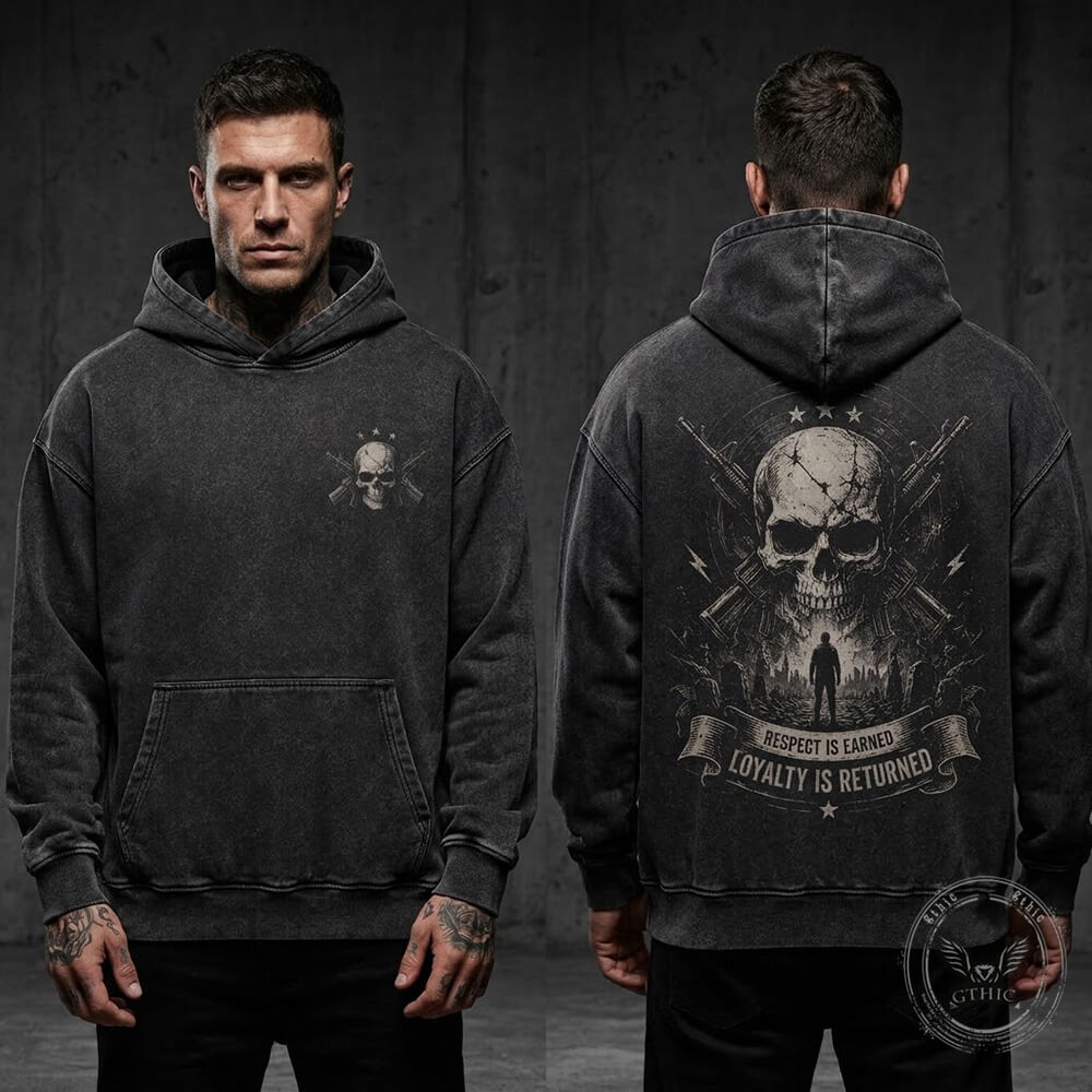 Skull Crossbones Rifle Washed Washed Cotton Hoodie | Gthic.com