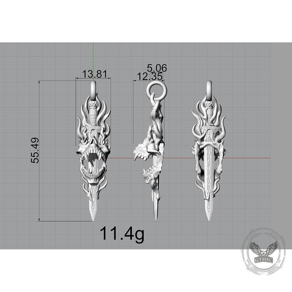 Skull Dagger Sterling Silver Gothic Pendant