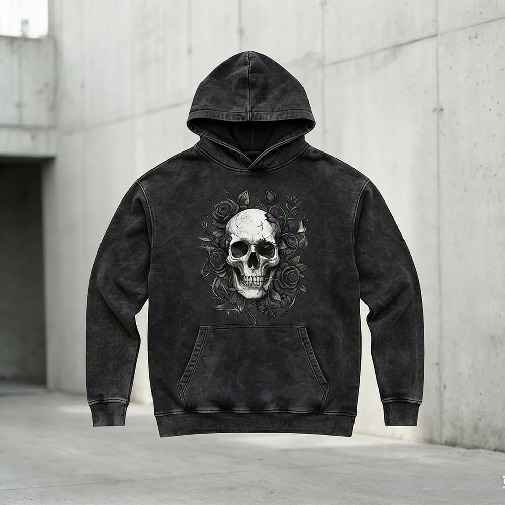 Skull Dark Rose Pattern Vintage Washed Hoodie | Gthic.com