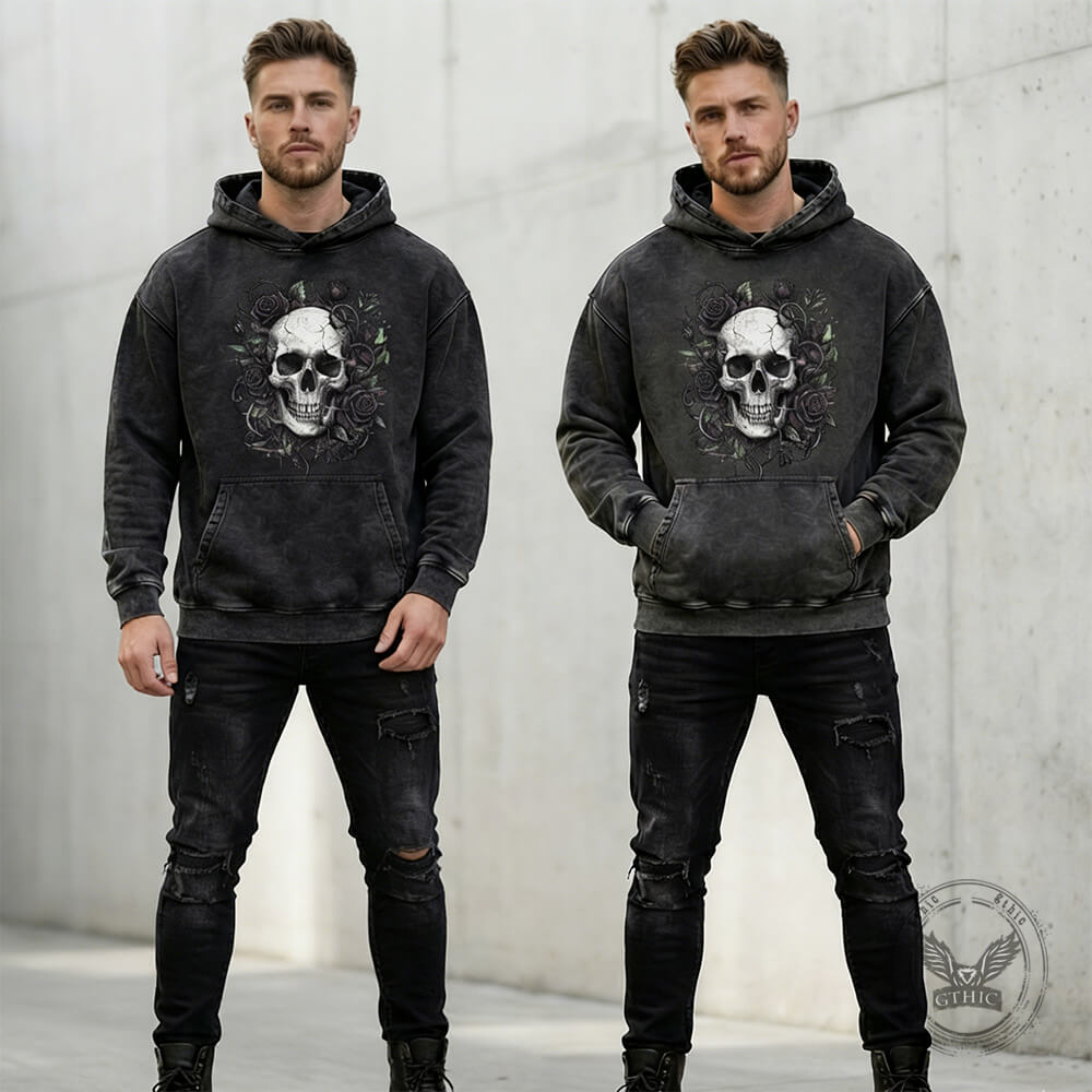 Skull Dark Rose Pattern Vintage Washed Hoodie | Gthic.com