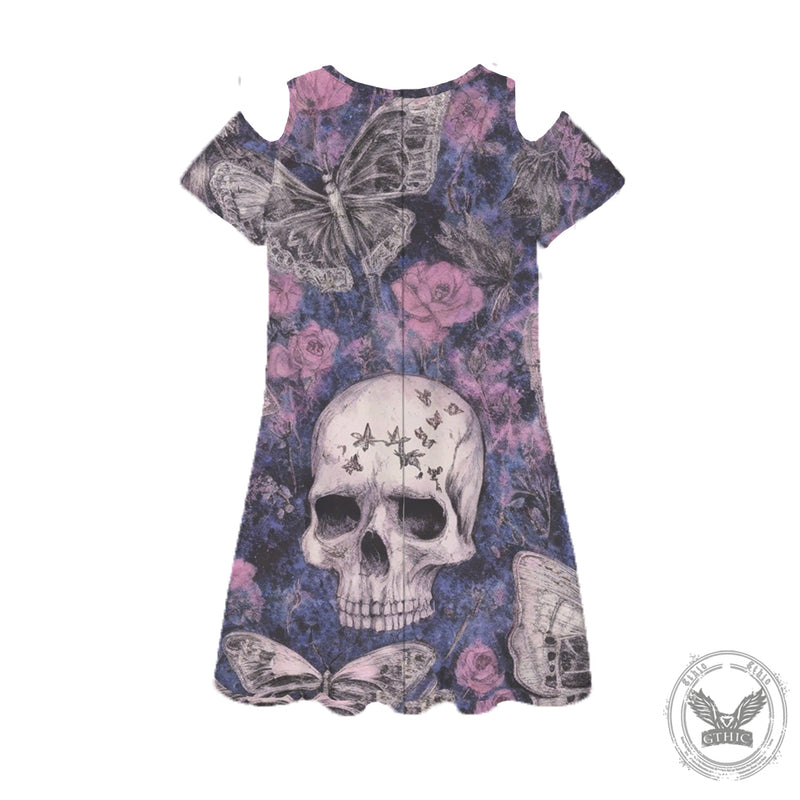 Skull Flower Butterfly Print Off-Shoulder Dress | Gthic.com