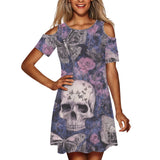 Skull Flower Butterfly Print Off-Shoulder Dress | Gthic.com