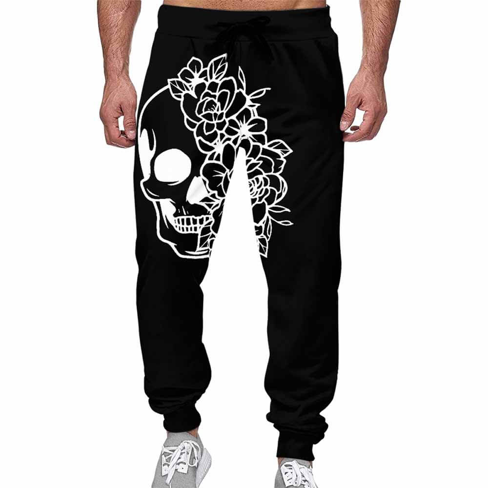 Skull Flower Print Casual Elastic Drawstring Pants 01 | Gthic.com