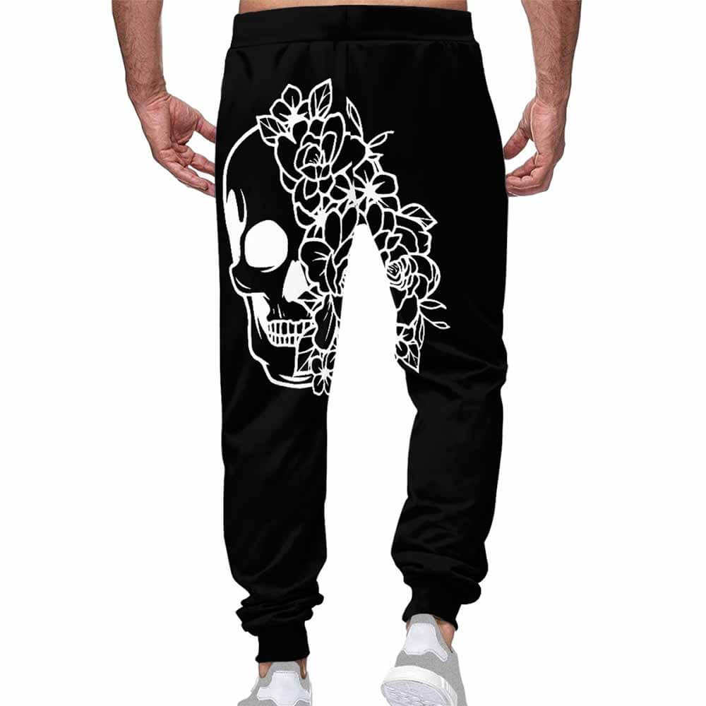 Skull Flower Print Casual Elastic Drawstring Pants