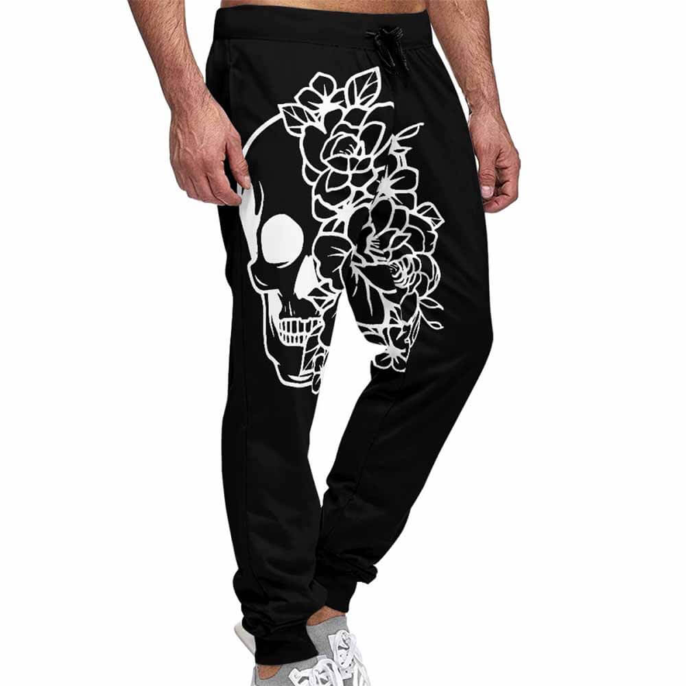 Skull Flower Print Casual Elastic Drawstring Pants