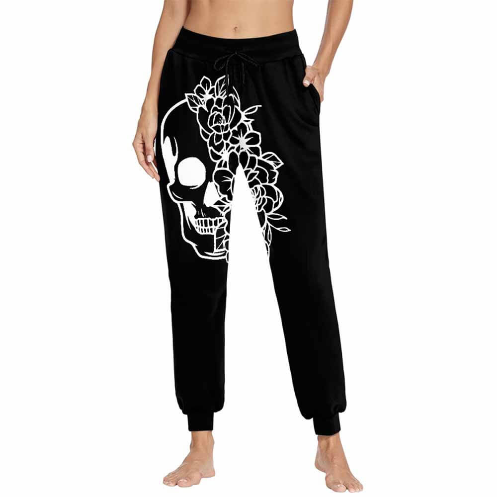 Skull Flower Print Casual Elastic Drawstring Pants 03 | Gthic.com