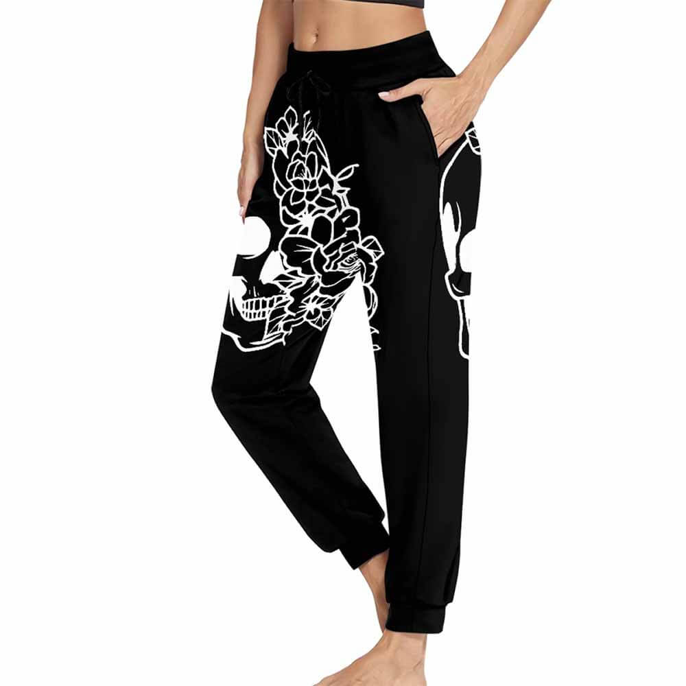 Skull Flower Print Casual Elastic Drawstring Pants 02 | Gthic.com