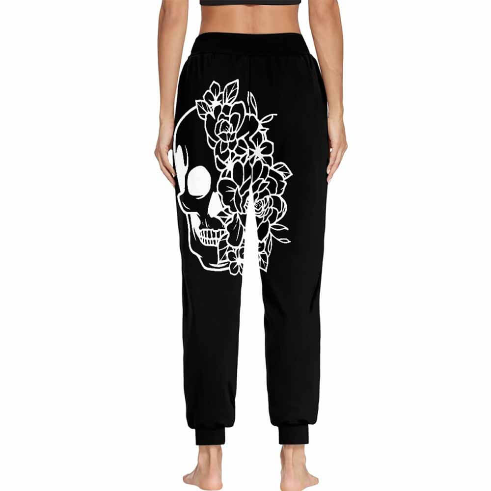 Skull Flower Print Casual Elastic Drawstring Pants