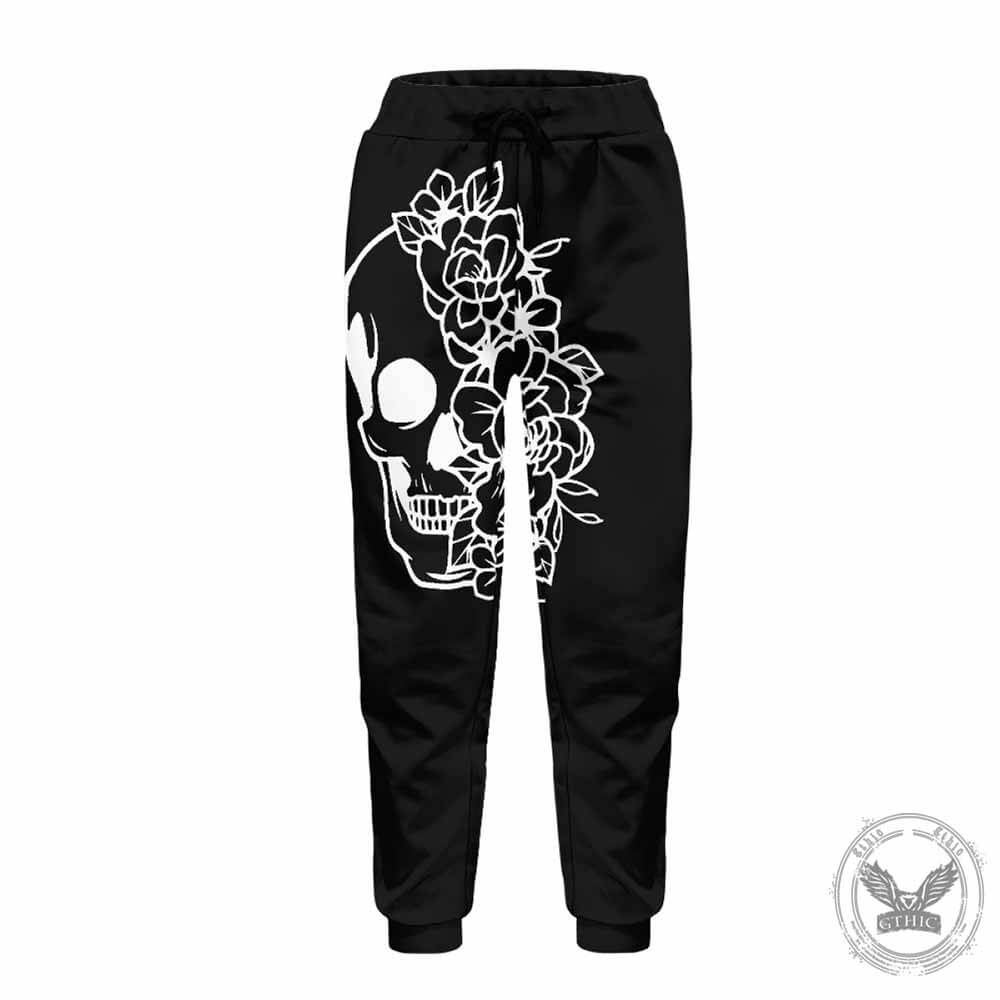 Skull Flower Print Casual Elastic Drawstring Pants