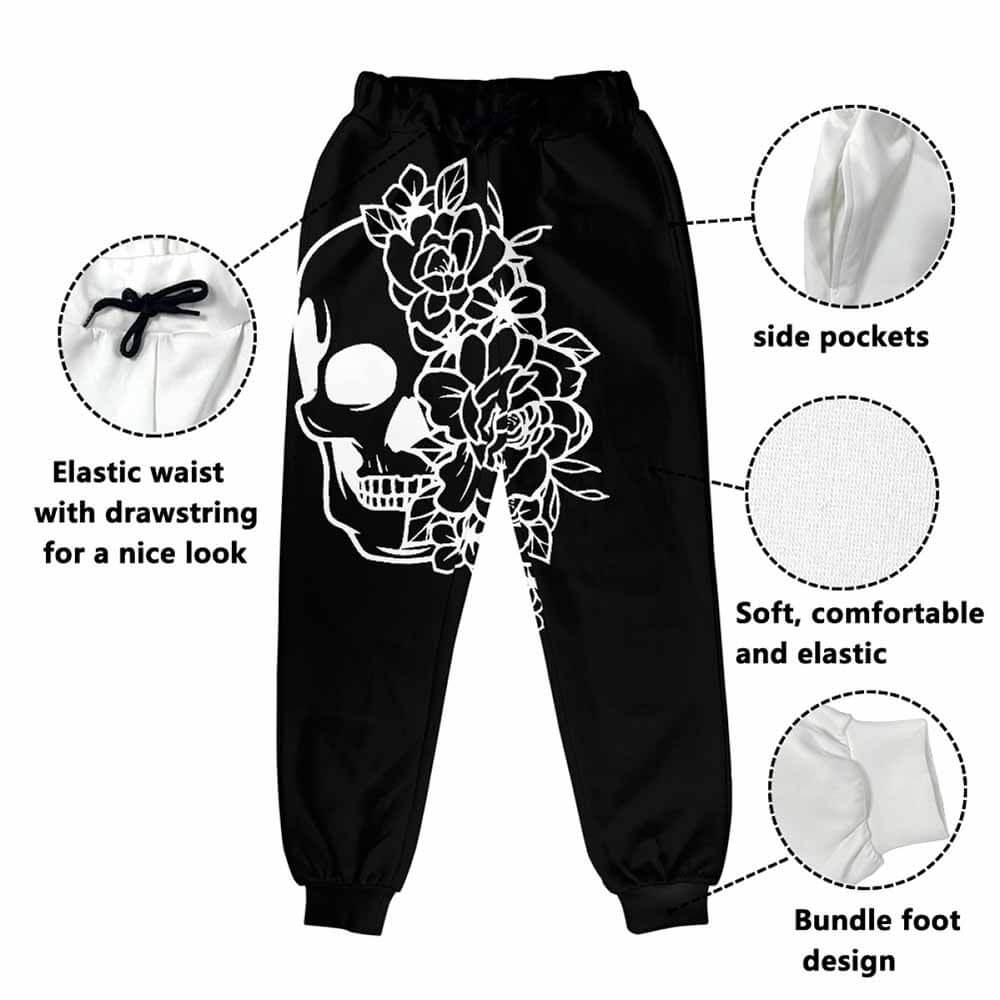 Skull Flower Print Casual Elastic Drawstring Pants