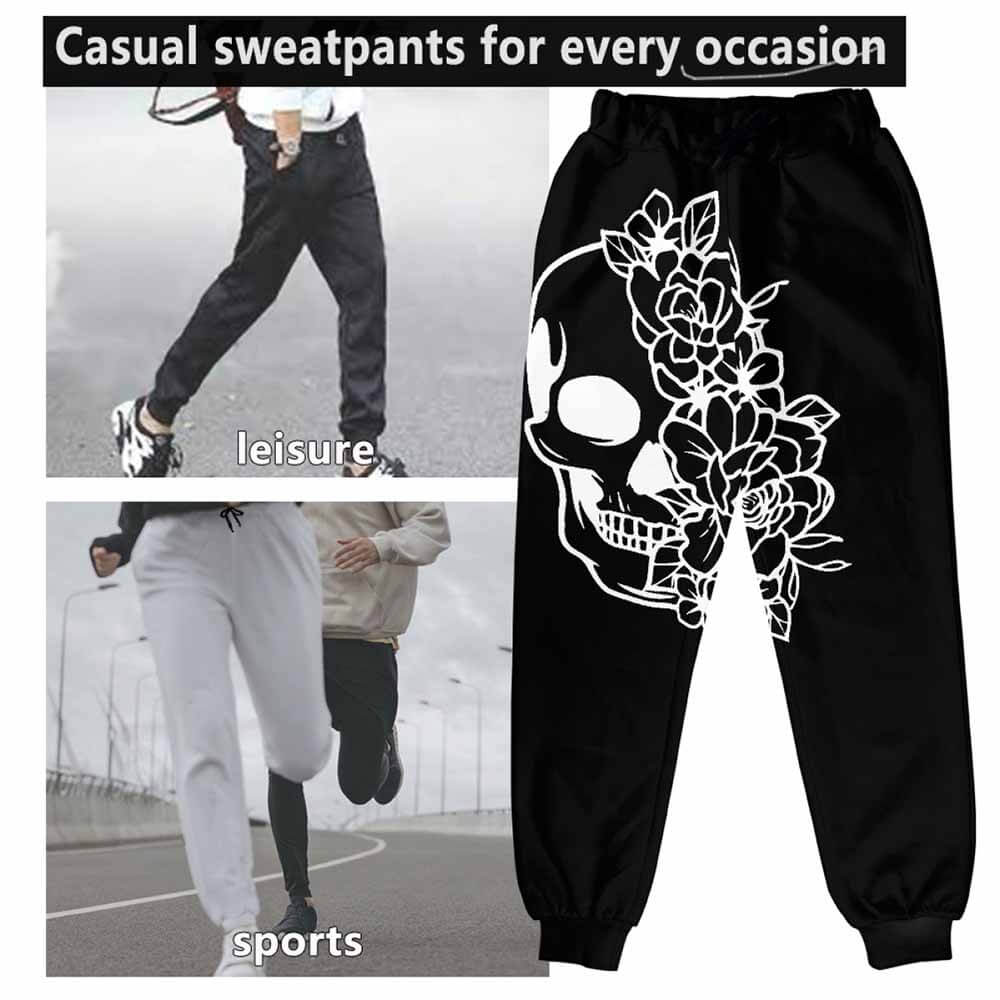 Skull Flower Print Casual Elastic Drawstring Pants