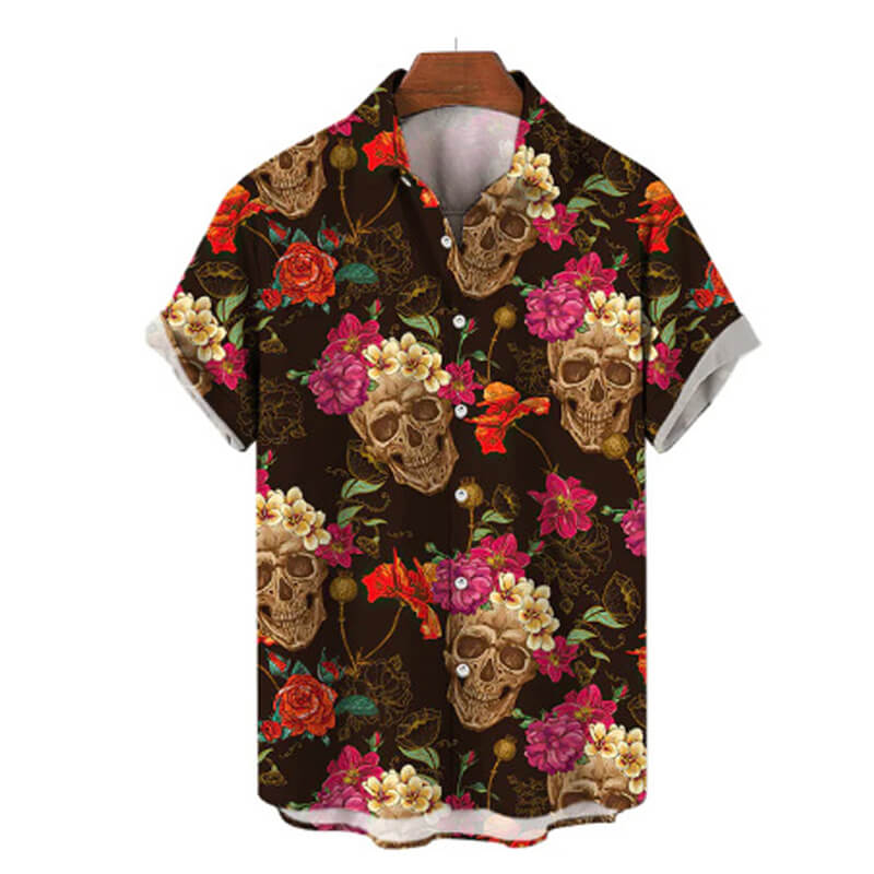 Skull Flower Print Polyester Shirt | Gthic.com