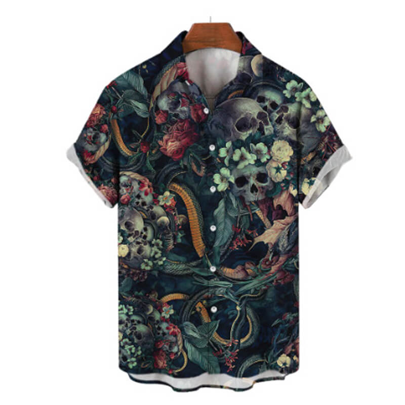 Skull Flower Print Polyester Shirt | Gthic.com