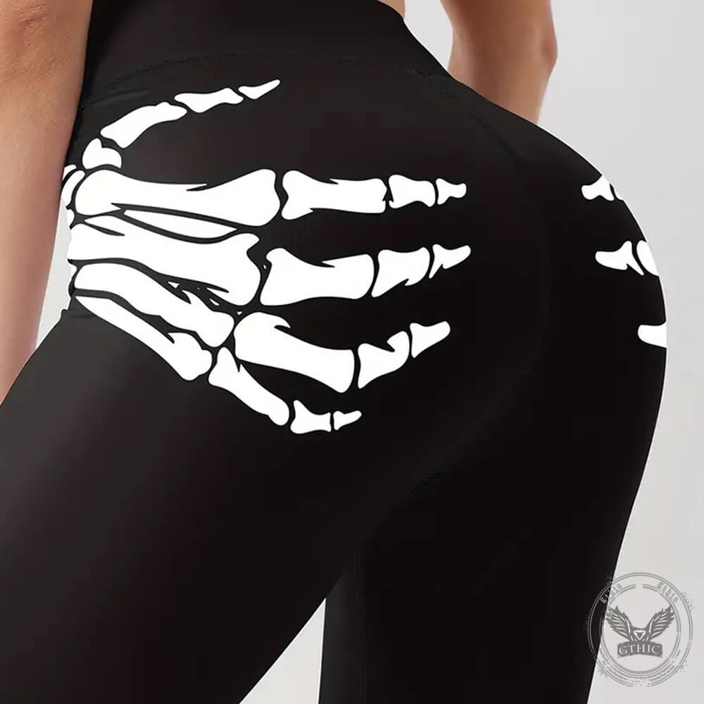 Skull Hand Print Elastic Waist Hip Lifting Pants