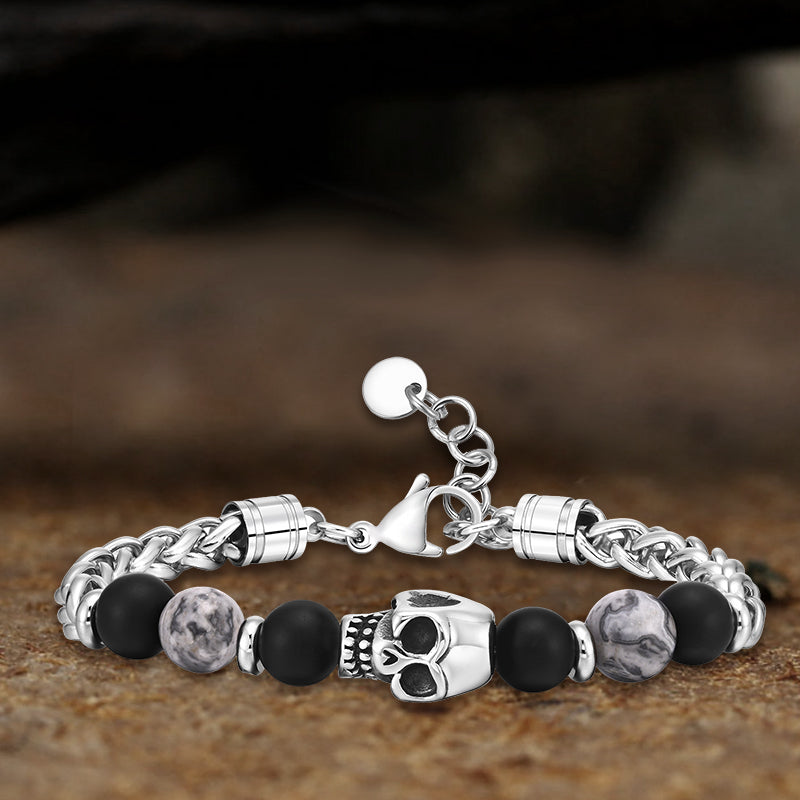 Skull Head Carnelian Map Stone Stainless Steel Bracelet | Gthic.com