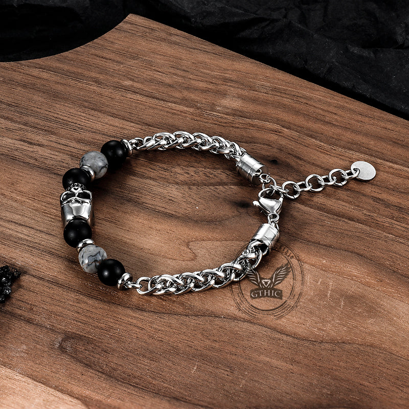 Skull Head Carnelian Map Stone Stainless Steel Bracelet