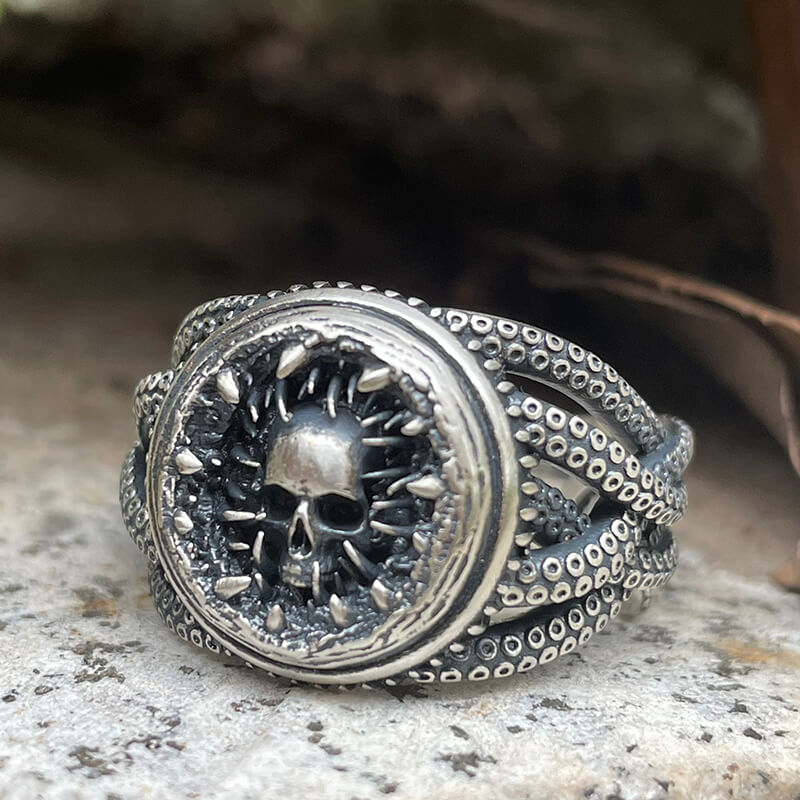 Skull Head Octopus Tentacles Sterling Silver Ring | Gthic.com