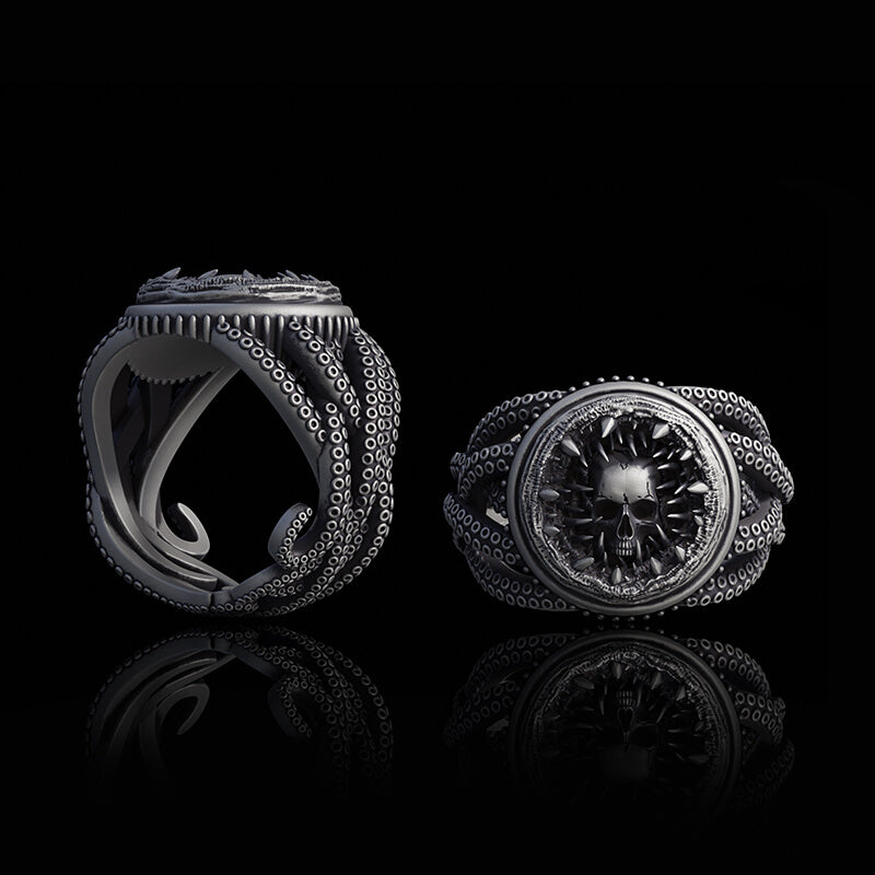 Skull Head Octopus Tentacles Sterling Silver Ring | Gthic.com