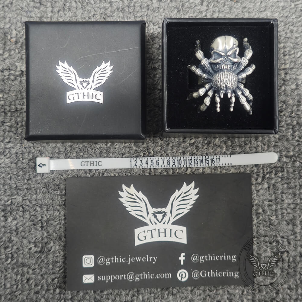 Bague de motard en argent sterling avec tête de mort et araignée
