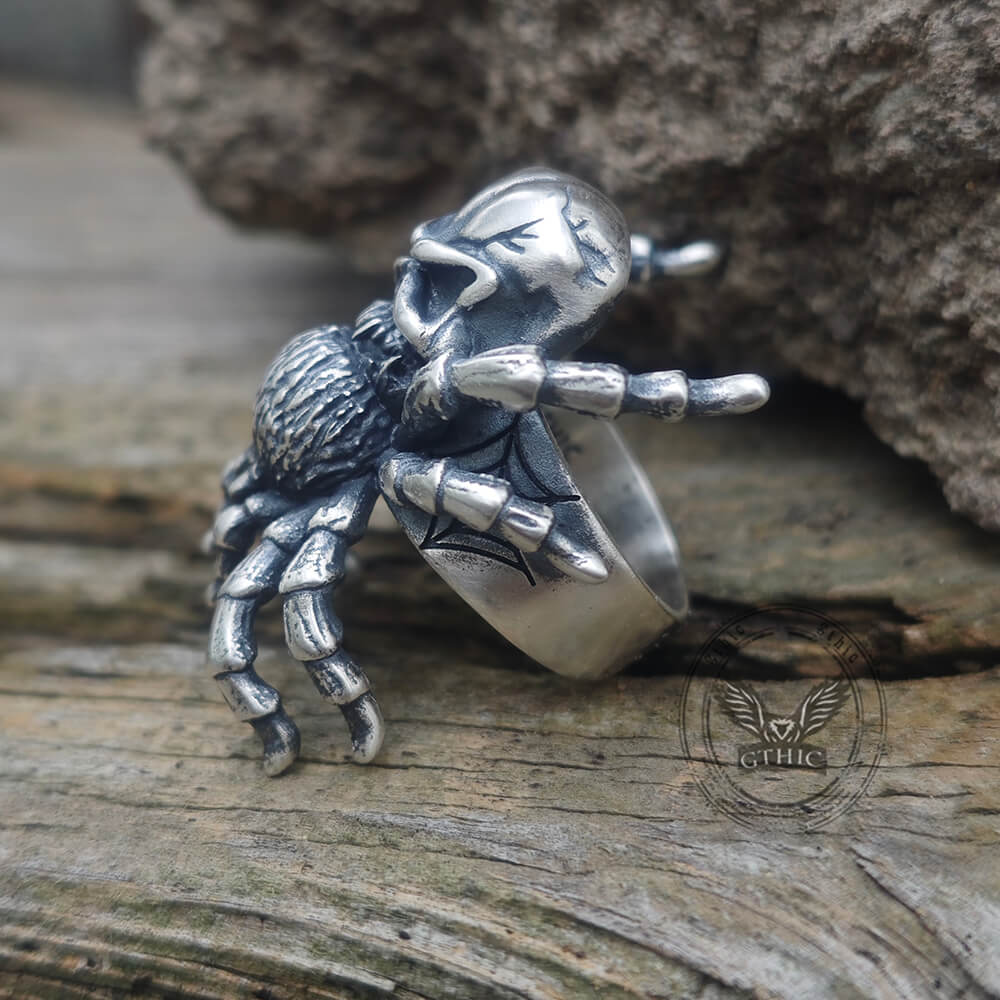Skull Head Spider Sterling Silver Biker Ring | Gthic.com