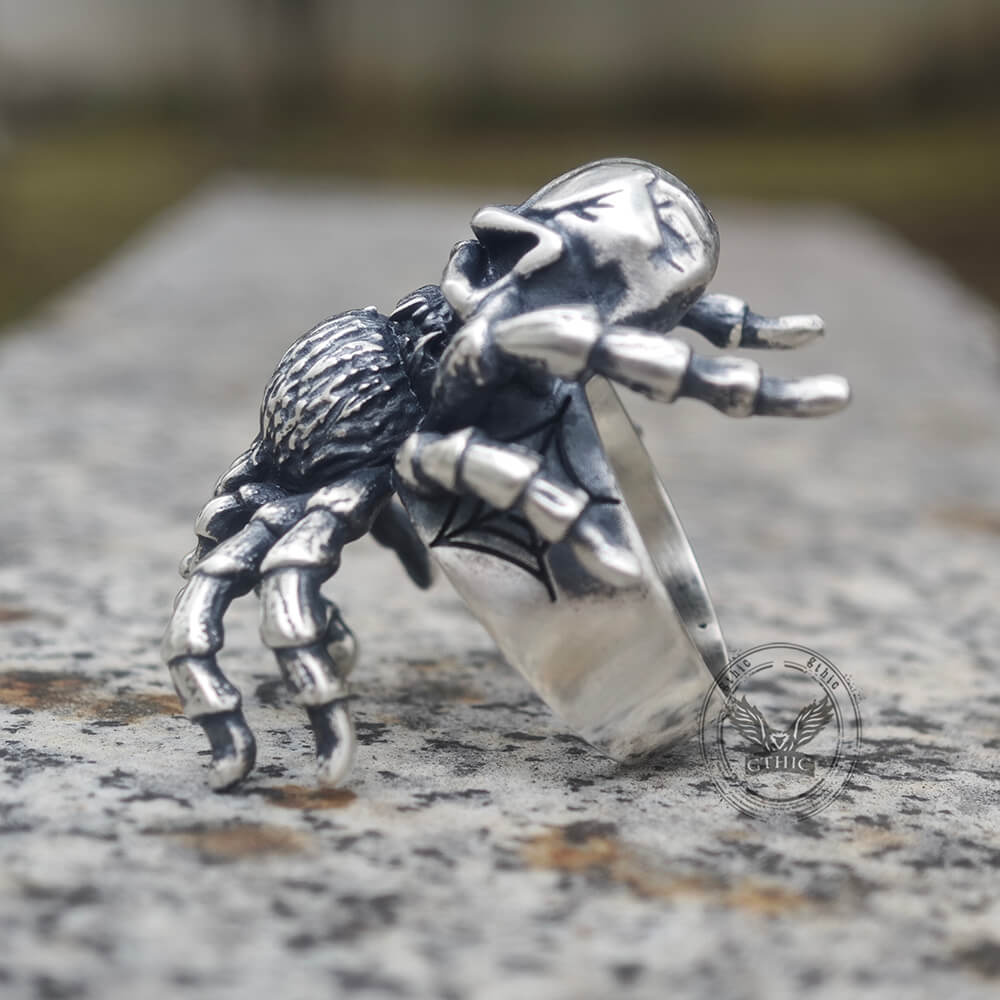 Skull Head Spider Sterling Silver Biker Ring | Gthic.com