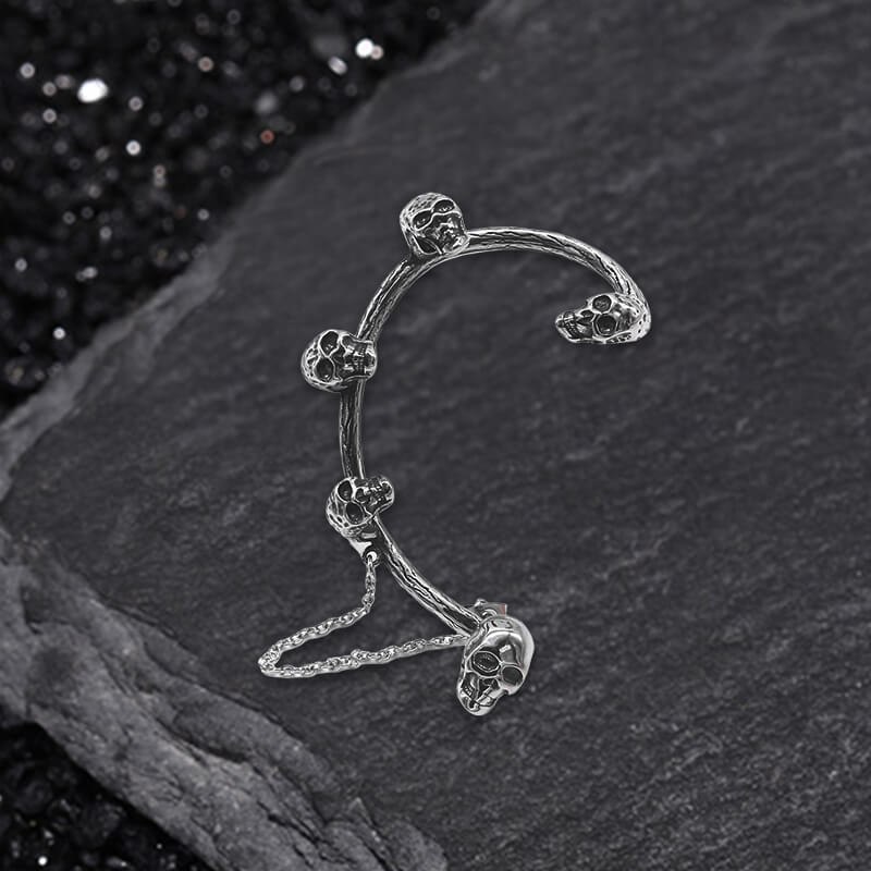 Skull Heads Stainless Steel Ear Cuffs Chain Earrings | Gthic.com