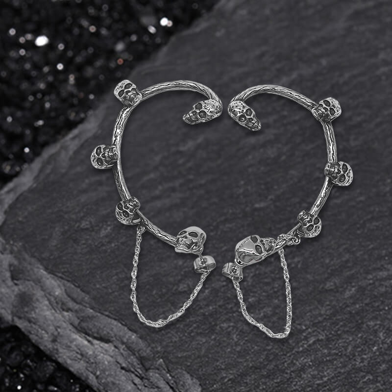 Skull Heads Stainless Steel Ear Cuffs Chain Earrings | Gthic.com