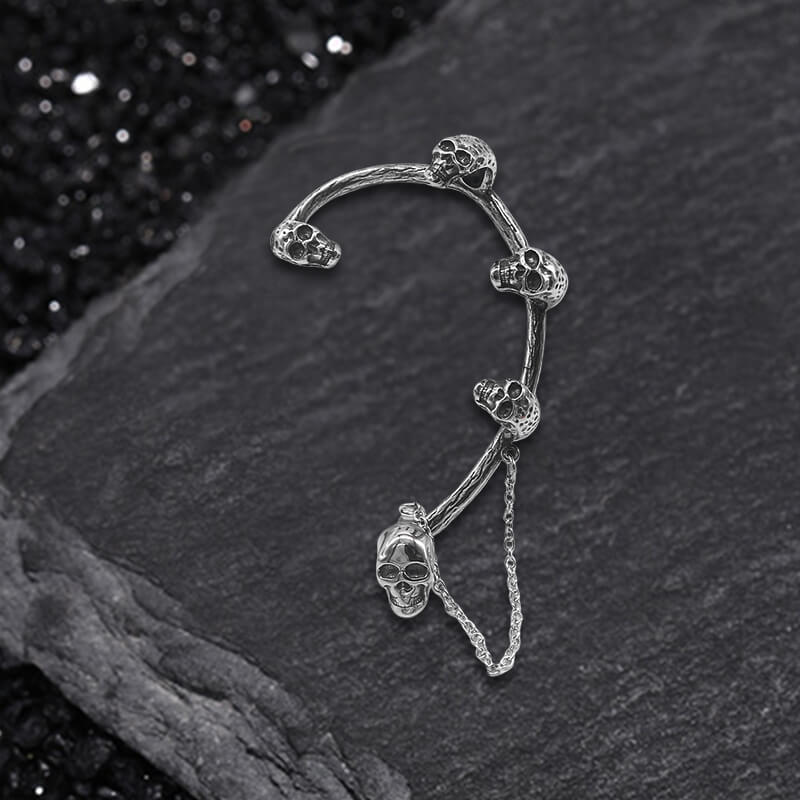 Skull Heads Stainless Steel Ear Cuffs Chain Earrings | Gthic.com
