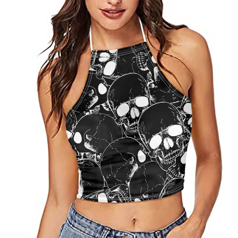 Skull Print Backless Halter Crop Top